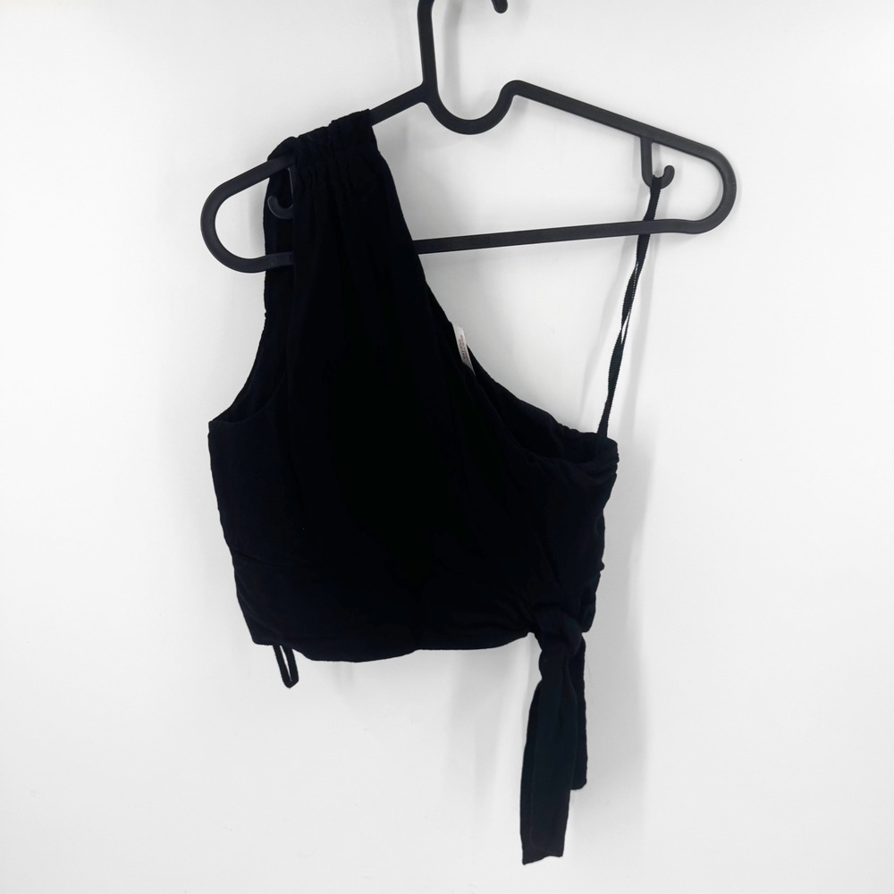 Free People One Shoulder Side Tie Crop Top Black Smocked Back OB948308 Womens S